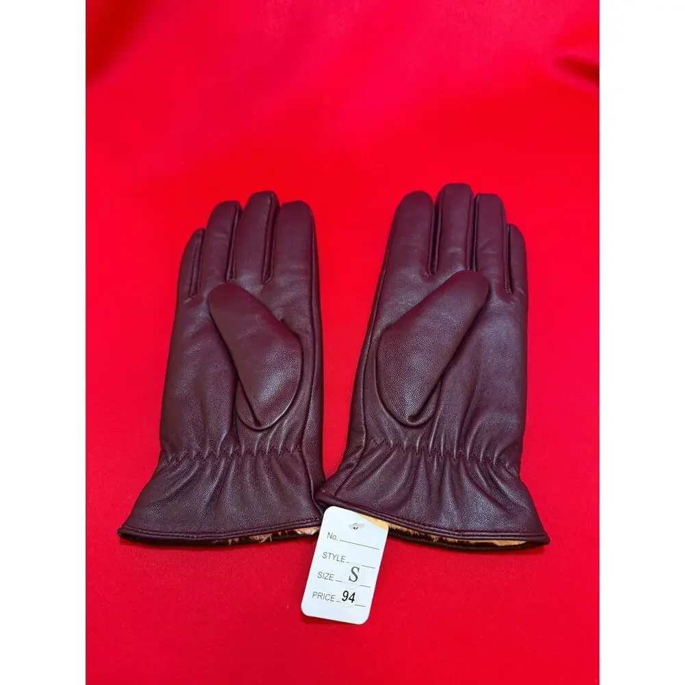 $94 Small 7”  Genuine Leather Burgundy Touch Screen Driving Warm Gloves Women